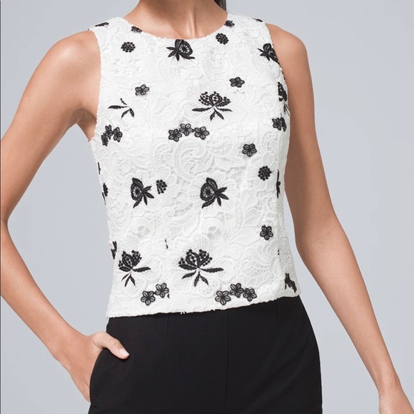 White House Black Market Tops - NWT White House Black Market Lace Bodice Top Sz 2 Floral Black White NEW